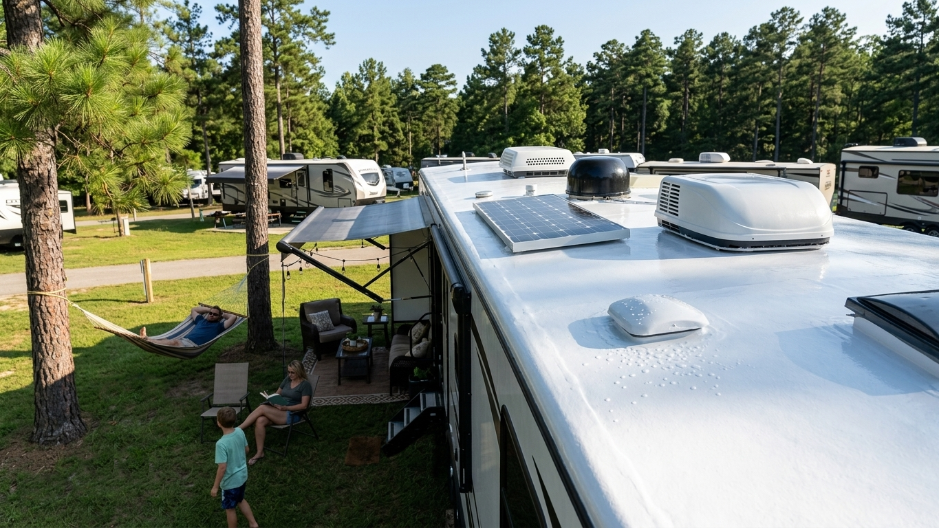 Load video: RV roof restoration process showing roof damage, silicone coating application, and completed leak-protection results.